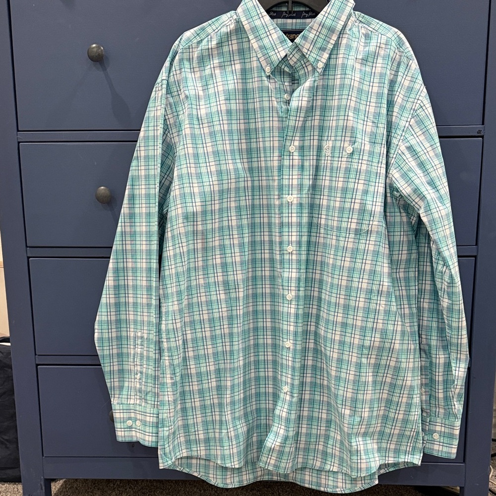 Wrangler Men's Aqua Plaid Button Down Shirt - George Strait Collection